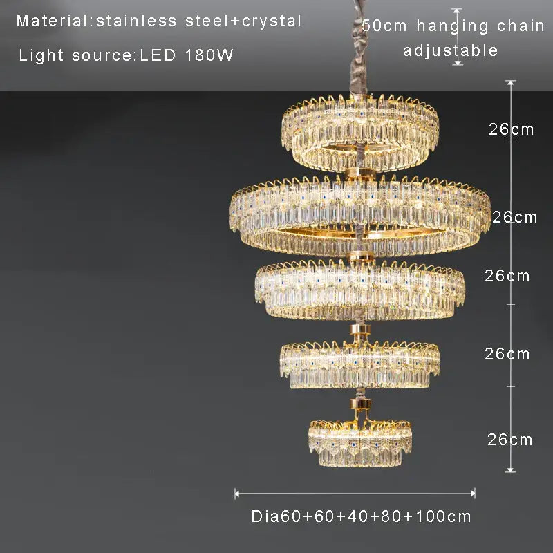 Modern luxury gold double crystal ceiling chandelier with cascading crystal tiers and stainless steel frame for living room