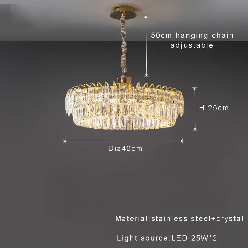 Modern luxury gold double crystal ceiling chandelier with clear crystal prisms and adjustable stainless steel chain for living room