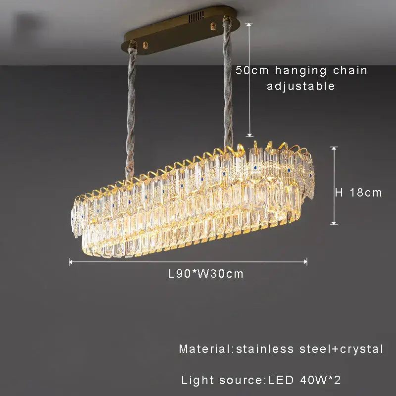 Modern luxury gold double crystal ceiling chandelier with clear prisms and blue accents suspended by braided chains