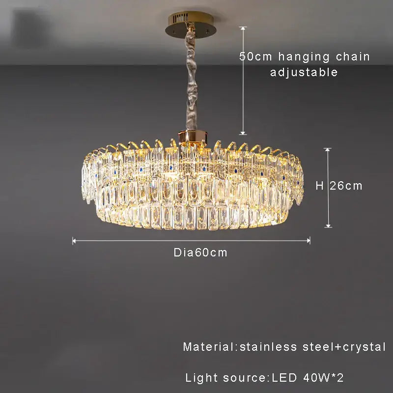 Modern luxury gold double crystal ceiling chandelier with gold stainless steel frame and cascading clear crystal prisms