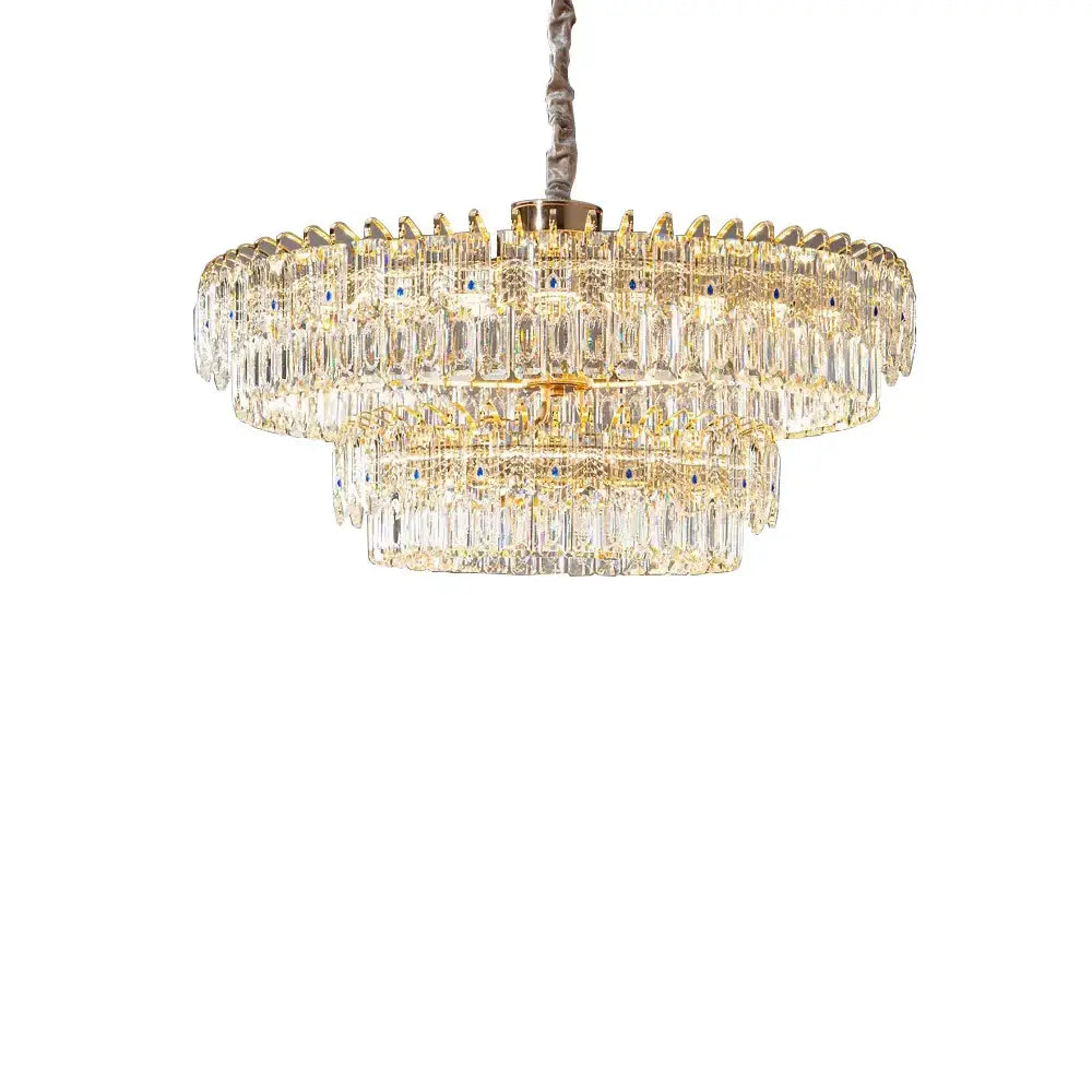 Modern luxury gold double crystal ceiling chandelier with cascading rectangular glass prisms for living room use