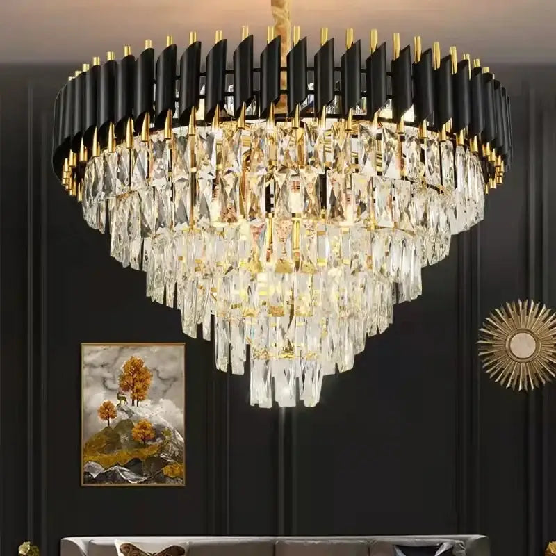 Modern luxury gold and white crystal chandelier with cascading prisms for living room decorbites black crystal design