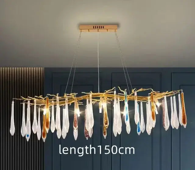Modern luxury golden crystal water drop led chandelier with wooden ceiling mount and natural branch arms for dining room decorbites crystal water