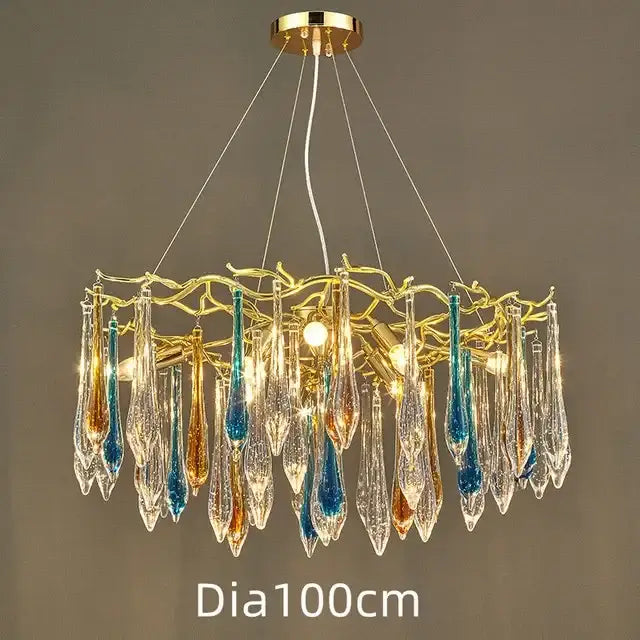 Modern luxury golden crystal water drop led chandelier with tree branch design and clear blue amber glass teardrop pendants