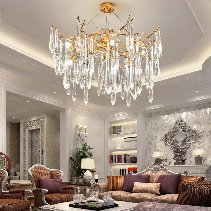 Modern luxury golden crystal water drop led chandelier with branch-style design and dangling crystal droplets for dining room decorbites crystal water