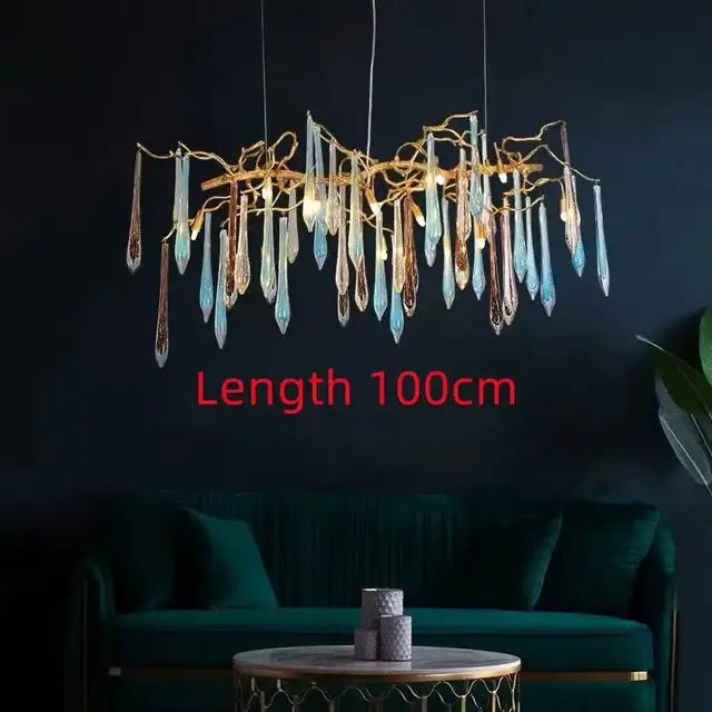 Modern luxury golden crystal water drop led chandelier with branch frame and translucent blue pendants for dining room decorbites crystal water