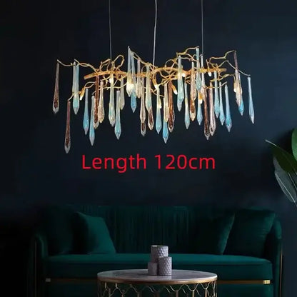 Modern luxury golden crystal water drop led chandelier with branch-like frame and blue amber teardrop pendants for dining room decorbites crystal water