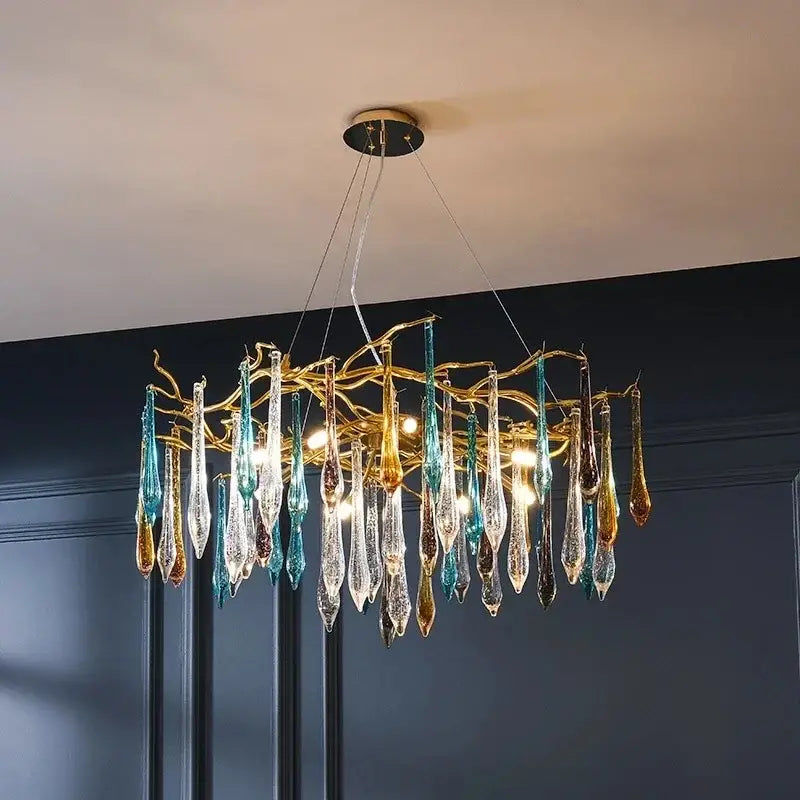 Modern luxury golden crystal water drop led chandelier with branch like frame and multicolor glass teardrop pendants