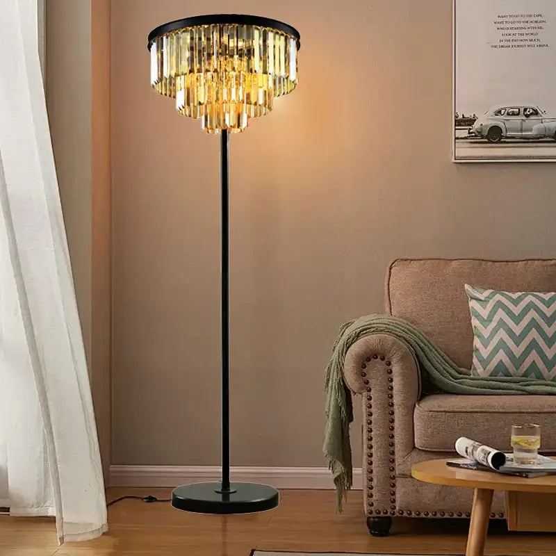 Modern luxury gray crystal black metal standing light with cascading golden crystal tiers for elegant decorbites gray crystal decor
