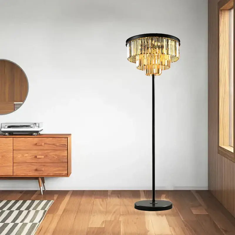 Elegant black standing lamp with cascading golden glass crystals featuring decorbites gray crystal black design