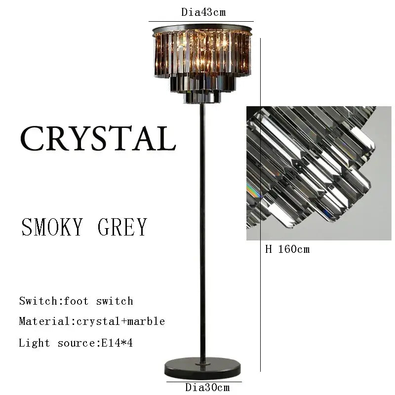Modern luxury gray crystal black standing light with smoky grey marble base and faceted tiers for elegant decorbites gray crystal decor