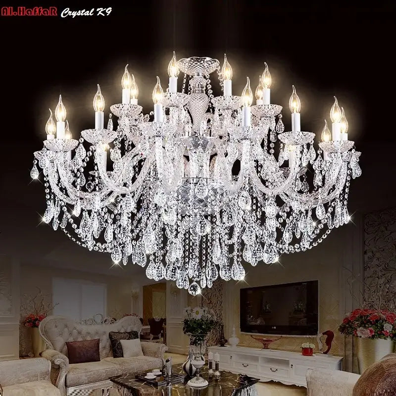 A dazzling al.haffar crystal k9 chandelier with intricate arms and teardrop crystals for modern luxury lighting