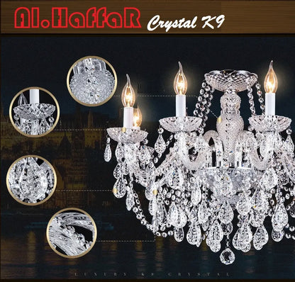Al.haffar crystal k9 chandelier with intricate cut crystal droplets and candle-style bulbs for modern luxury lighting