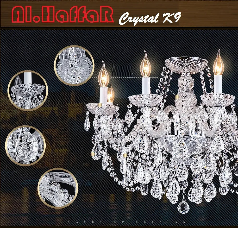 Al.haffar crystal k9 chandelier with intricate cut crystal droplets and candle-style bulbs for modern luxury lighting