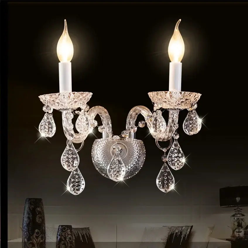 Elegant modern luxury lighting crystal candle chandelier with two bulbs and teardrop crystals for dining room decor