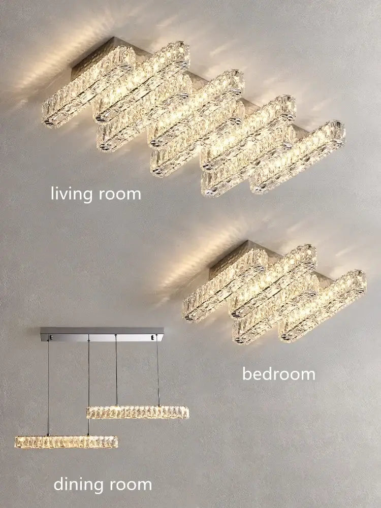Modern luxury rectangular crystal ceiling chandelier with faceted glass bars emitting warm light for stylish decorbites crystal ceiling decor