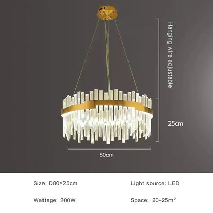Modern luxury spectrum gold crystal chandelier with gold-toned circular frame and clear crystal prisms for dining room