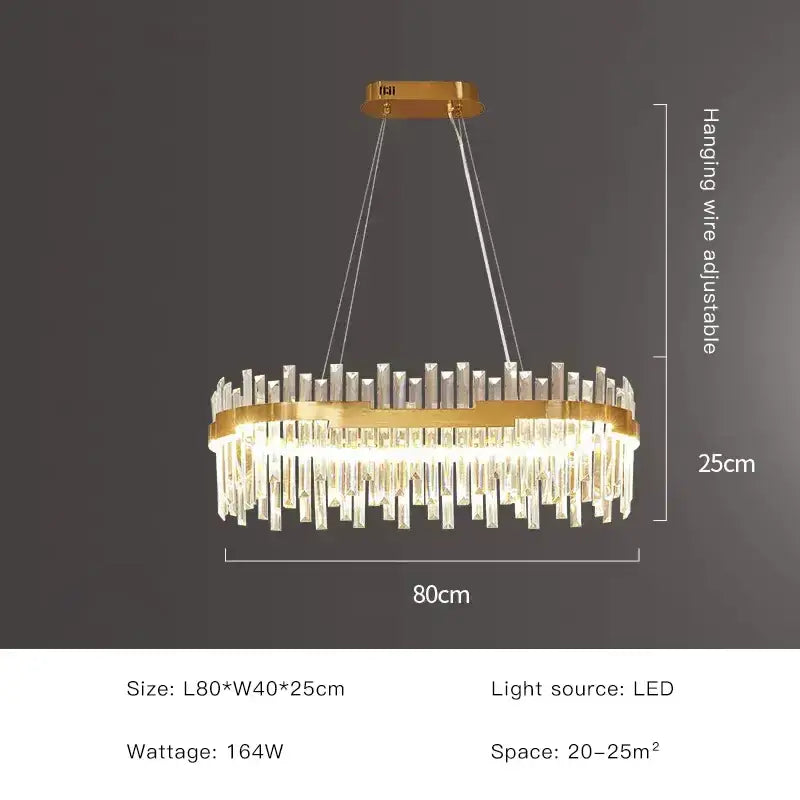 Modern luxury spectrum gold crystal chandelier with gold-toned circular frame and clear crystal rods for dining room
