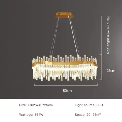 Modern luxury spectrum gold crystal chandelier with gold-toned circular frame and clear crystal rods for dining room