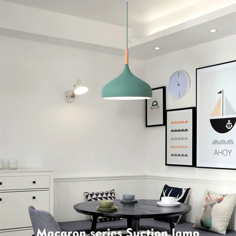 Modern Macaron Aluminum Pendant Light With Wood Accent - Decorbites