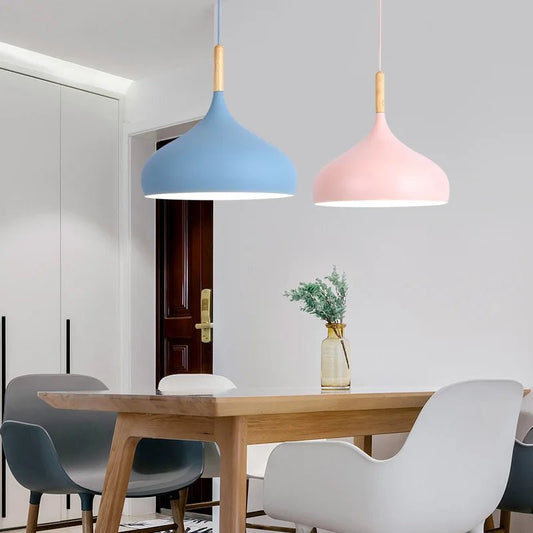 Modern Macaron Aluminum Pendant Light With Wood Accent - Decorbites