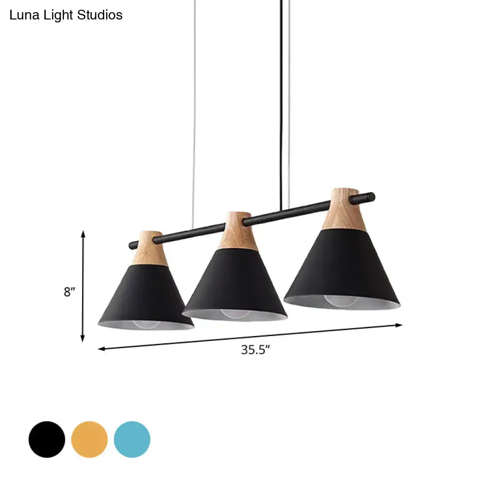 DecorBites modern macaron cone hanging light pendant with three black and wood-toned shades ideal for dining table