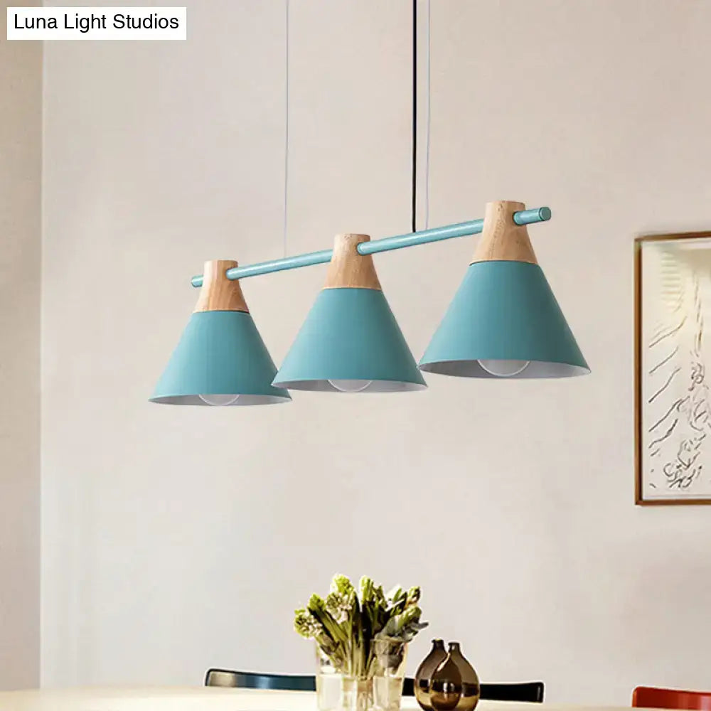 Decorbites modern macaron cone hanging light pendant with blue black wood accents ideal for dining table lighting