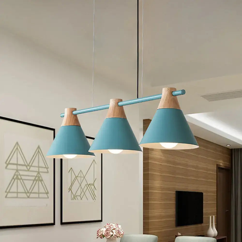 Modern teal and wood macaron cone hanging light pendant with three heads in blue black ideal for dining table lighting