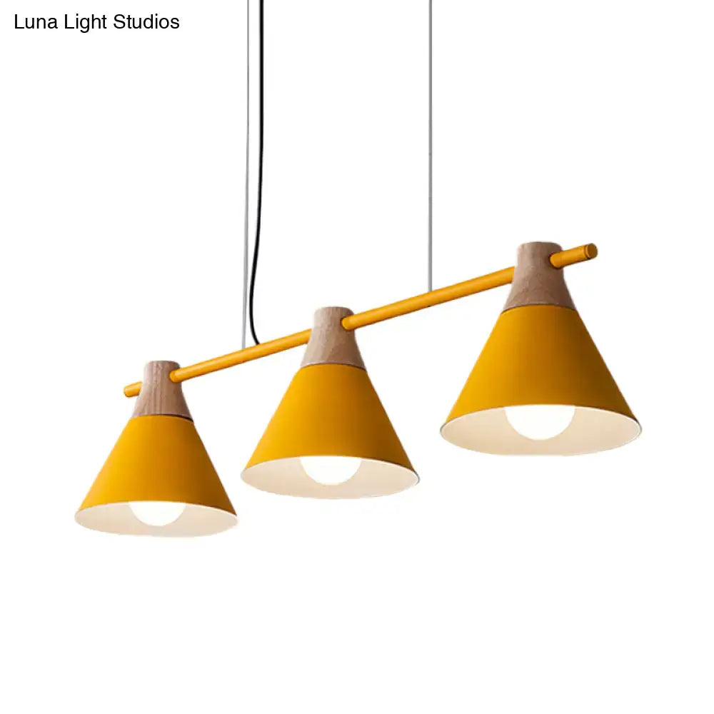 DecorBites™ modern yellow macaron cone hanging light with wood accents in blue black ideal for dining table lighting