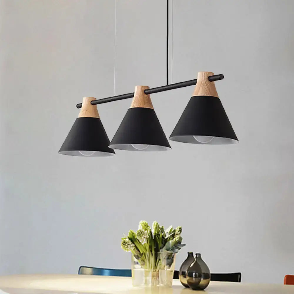 Black macaron cone hanging light pendant with wooden accents and sleek metal bar for dining table lighting