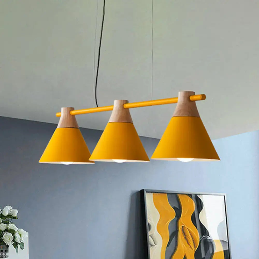 DecorBites modern macaron cone hanging light pendant in yellow with wood accents for dining table island fixture