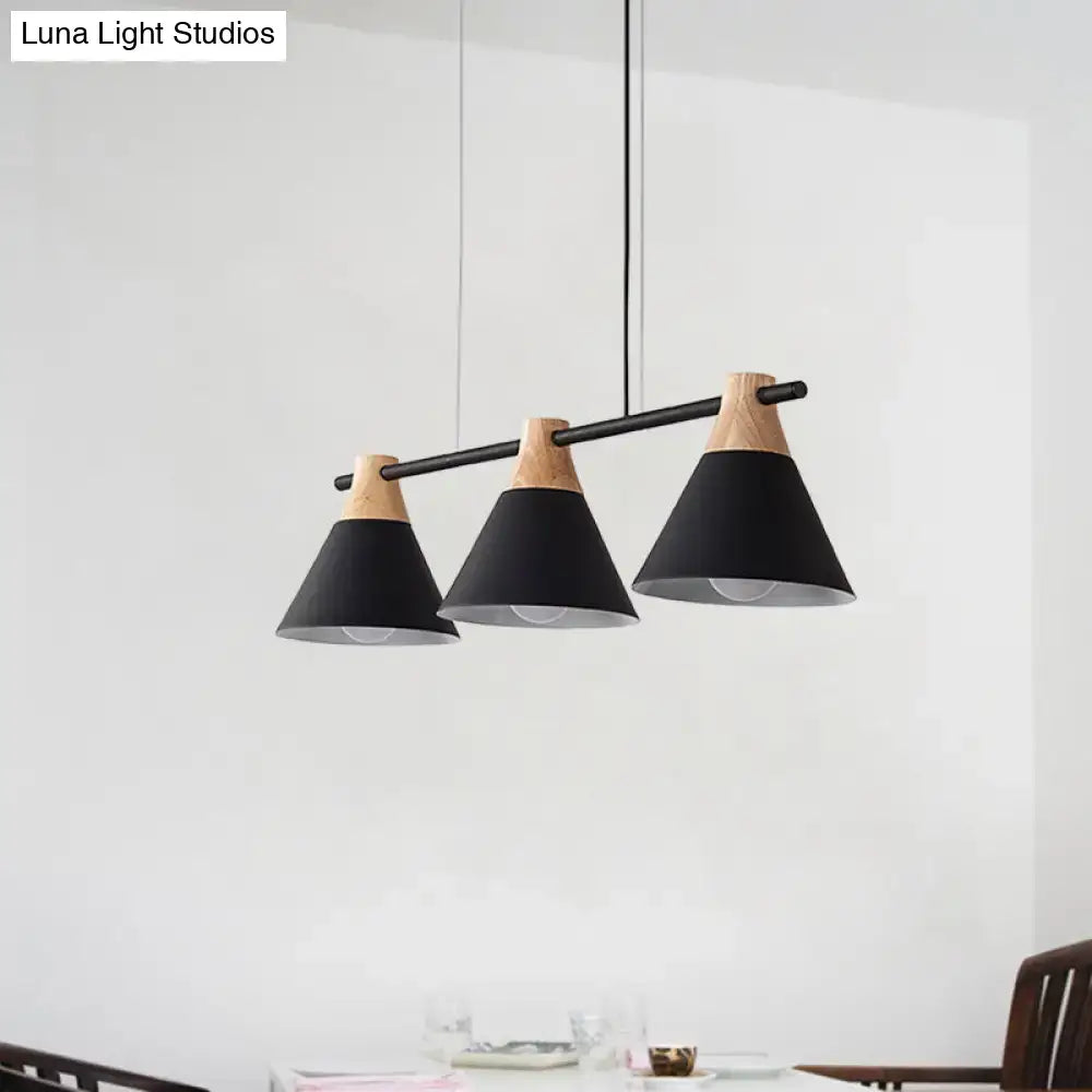 Decorbites modern macaron cone hanging light pendant with three black and wood conical shades for dining table