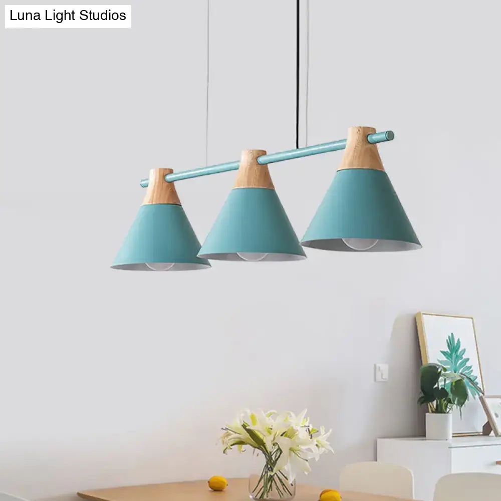 Tealb and wood macaron cone hanging light pendant with three conical shades ideal for dining table lighting