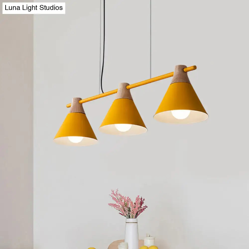 DecorBites modern macaron cone hanging light pendant with yellow wood accents in blue black for dining table use