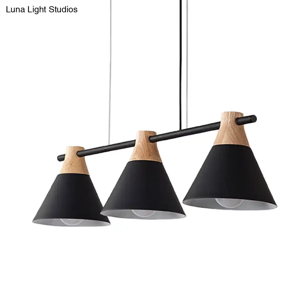 Decorbites modern macaron cone hanging light pendant with three black and blue heads wood accents on sleek metal bar