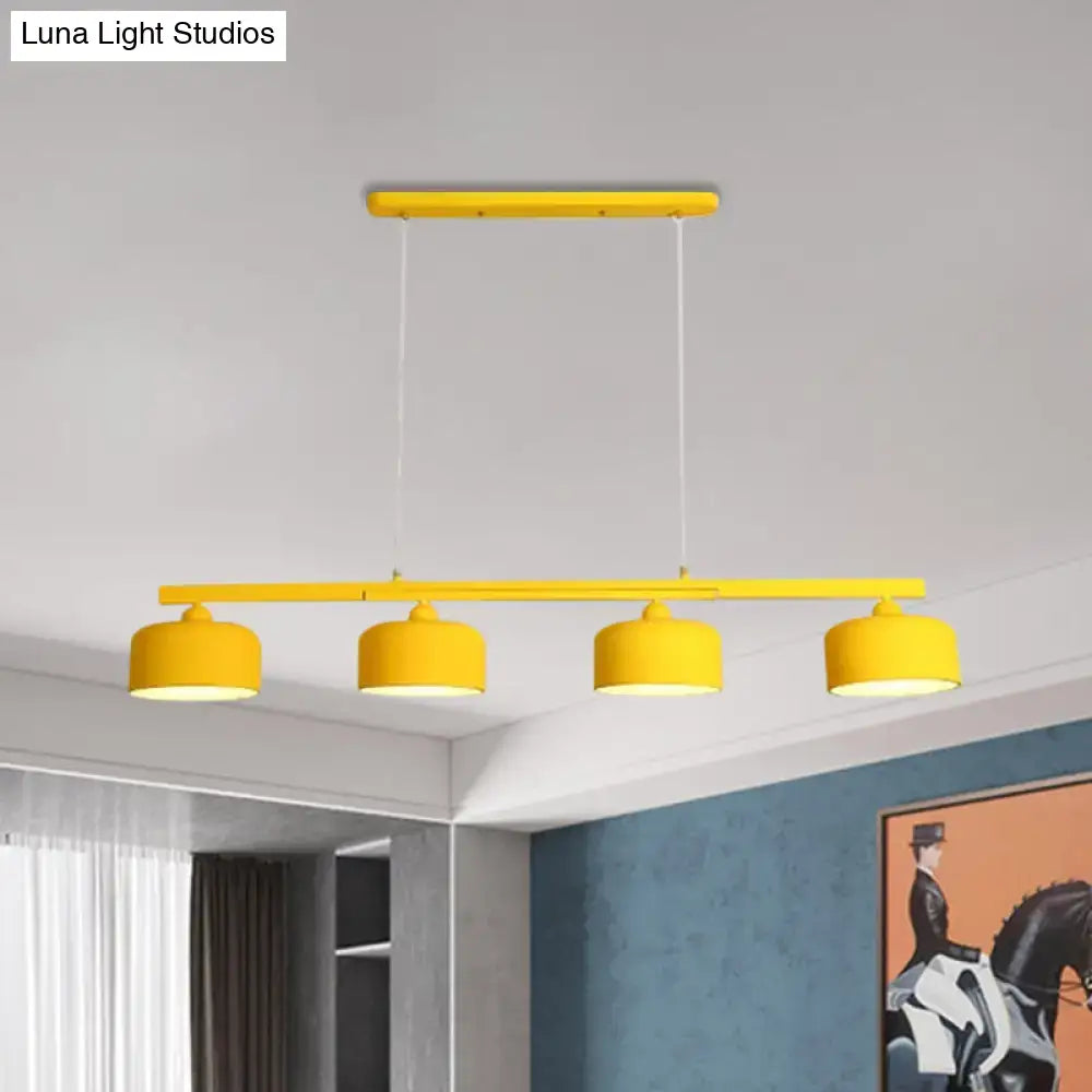 Decorbites modern macaron drum chandelier with bright yellow metal shades and adjustable chain cord length for dining table