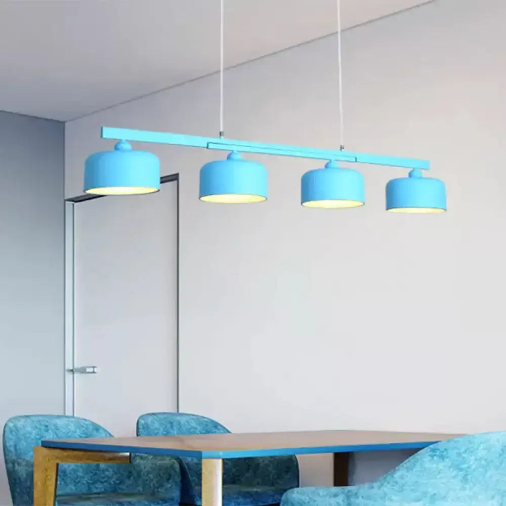 Decorbites™ modern macaron drum chandelier metal ceiling lamp with four turquoise cylindrical shades and adjustable chain cord length
