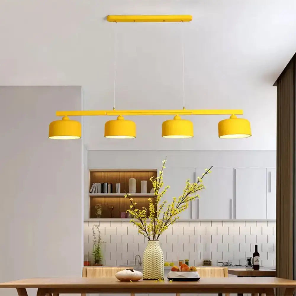 Bright yellow DecorBites modern macaron drum chandelier with metal 4 lights and adjustable chain cord length for dining table