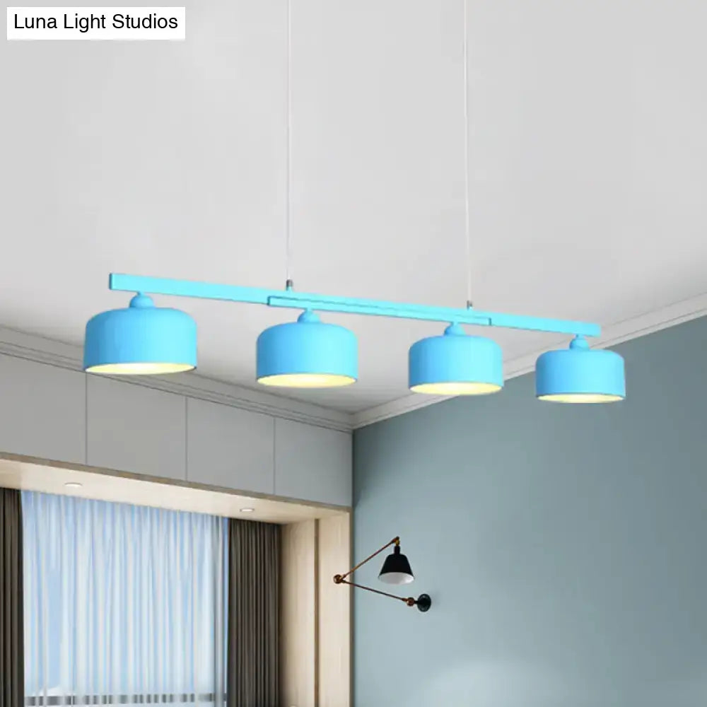 DecorBites modern macaron drum chandelier metal ceiling lamp light blue with four cylindrical shades and adjustable chain cord length
