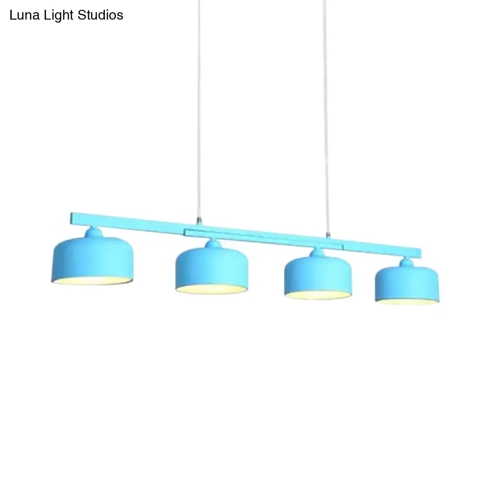 DecorBites™ modern macaron drum chandelier light blue metal ceiling fixture with four shades and adjustable chain cord length