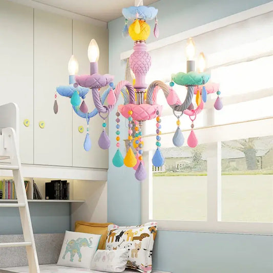 Modern macaron rainbow pastel crystal chandelier with quilted arms and teardrop beads for childrens room decorbites crystal chandelier