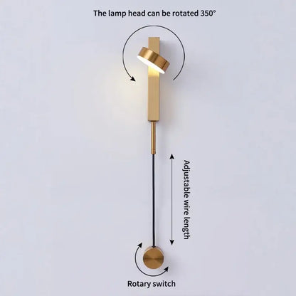 Gold-finished adjustable wall lamp with 360-degree rotating lamp head and rotary switch for modern decorbites black rotation led fixture