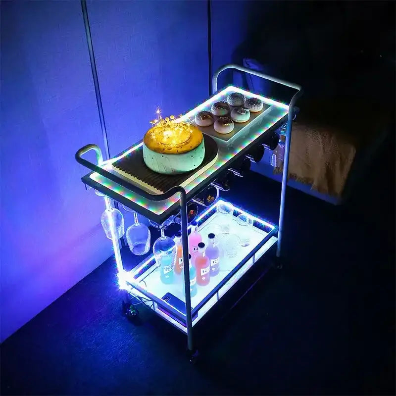 Modern marble and gold drinks trolley with glass shelves and colorful led lights perfect for decorbites drinks trolley decorbites drinks