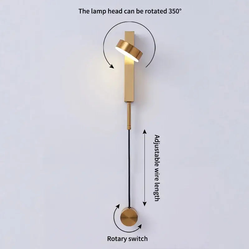 A modern marble black rotating led wall lamp with brushed gold finish and adjustable wire length for bedroom decorbites wall lamp
