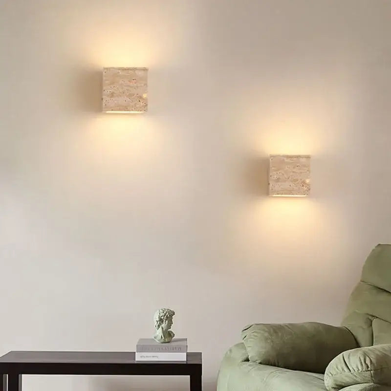Modern marble cuboid stone led wall lamp bedroom sconce set with square stone wall sconces emitting warm ambient glow