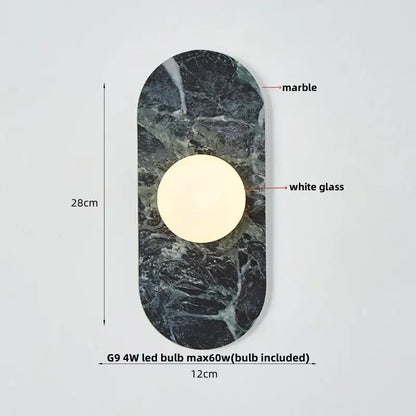 Modern marble glass globe led wall lamp with dark green marble backplate and white glass globe diffuser for bathroom decorbites glass globe