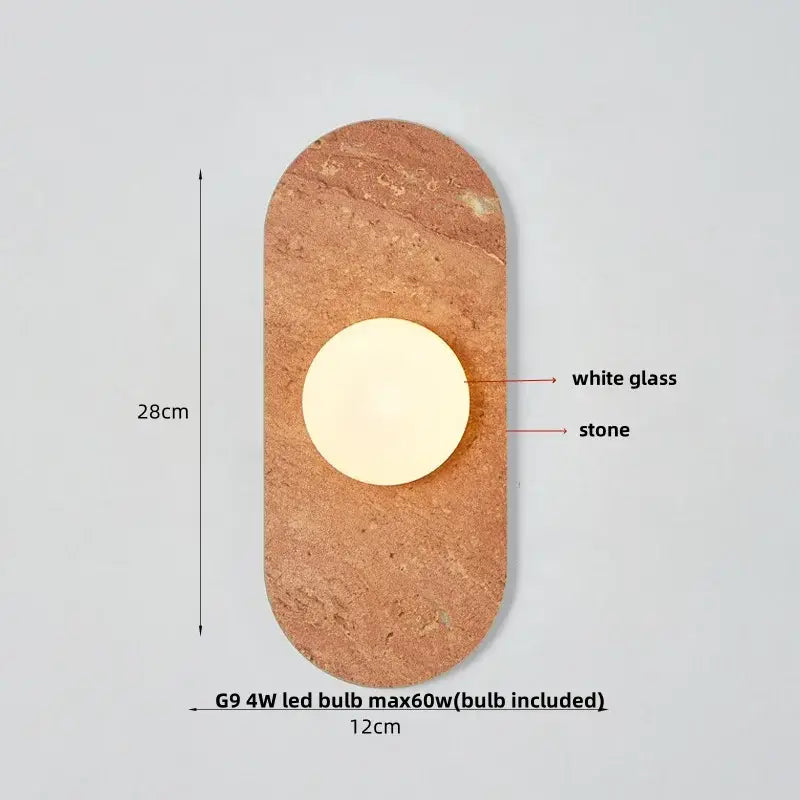 Modern marble glass globe led wall lamp with a warm-toned stone base and central white glass globe by decorbites wall lamp