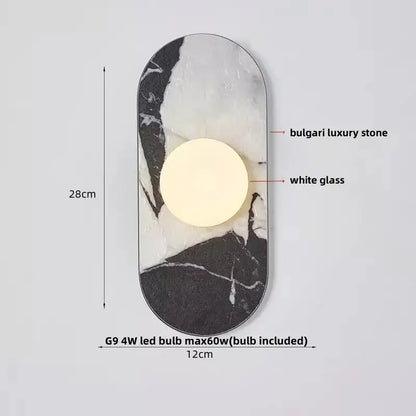 Modern marble glass globe led wall lamp with sleek black and white marble pattern and embedded white glass globe panel