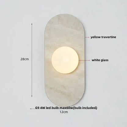 Modern marble glass globe led wall lamp with a yellow travertine oval backplate and central white glass globe light fixture