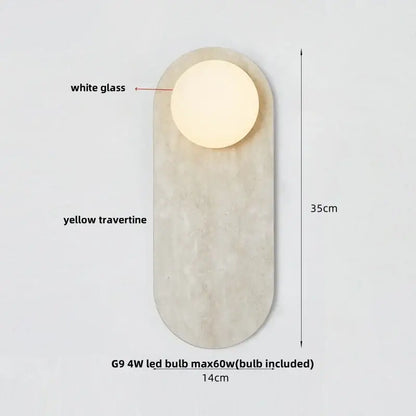 Modern wall lamp with white glass globe led light set in smooth yellow travertine stone for stylish bathroom decorbites glass globe design